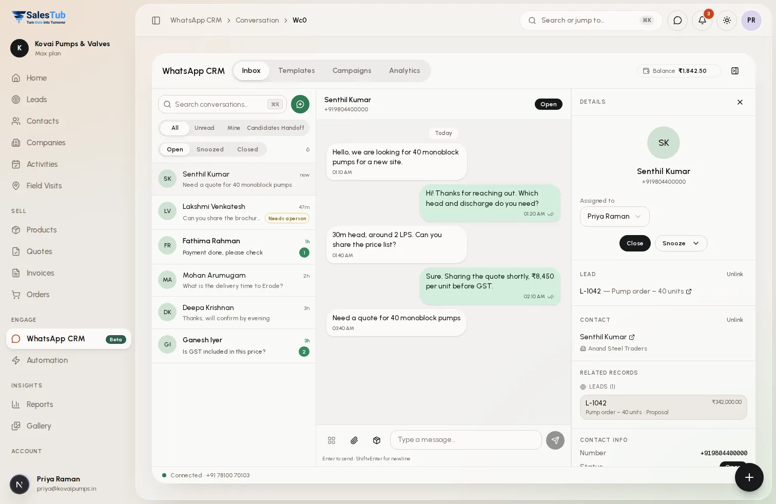 Shared WhatsApp team inbox inside SalesTub CRM with customer conversations next to the linked lead